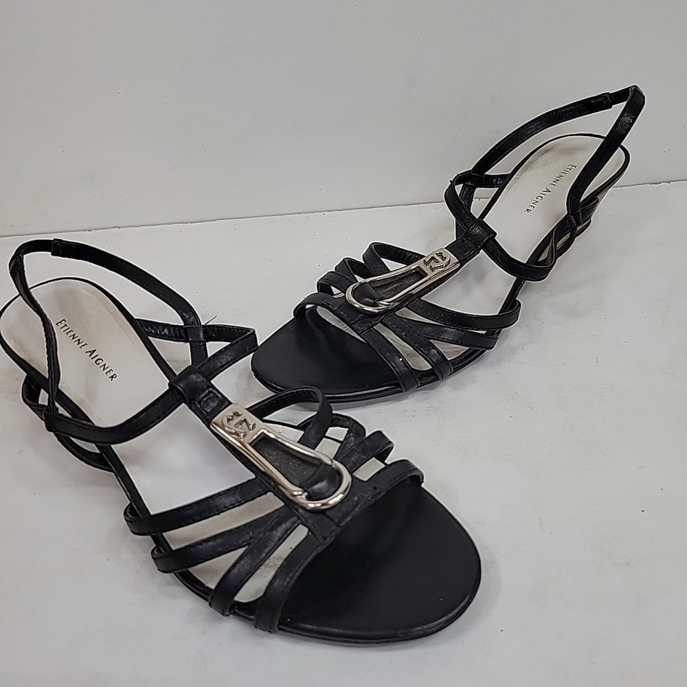 Etienne Aigner Black‎ Leather Sling Back Peep-toe Wedge Heel Sz 9.5 Preppy Comfy